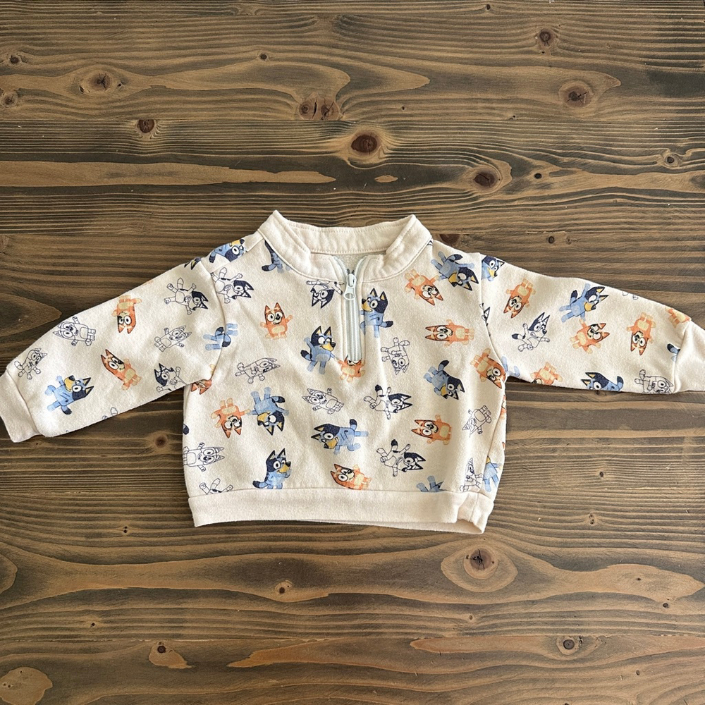 Baby Bluey 12M Beige Blue Character Quarter-Zip Sweatshirt Long Sleeve Top
